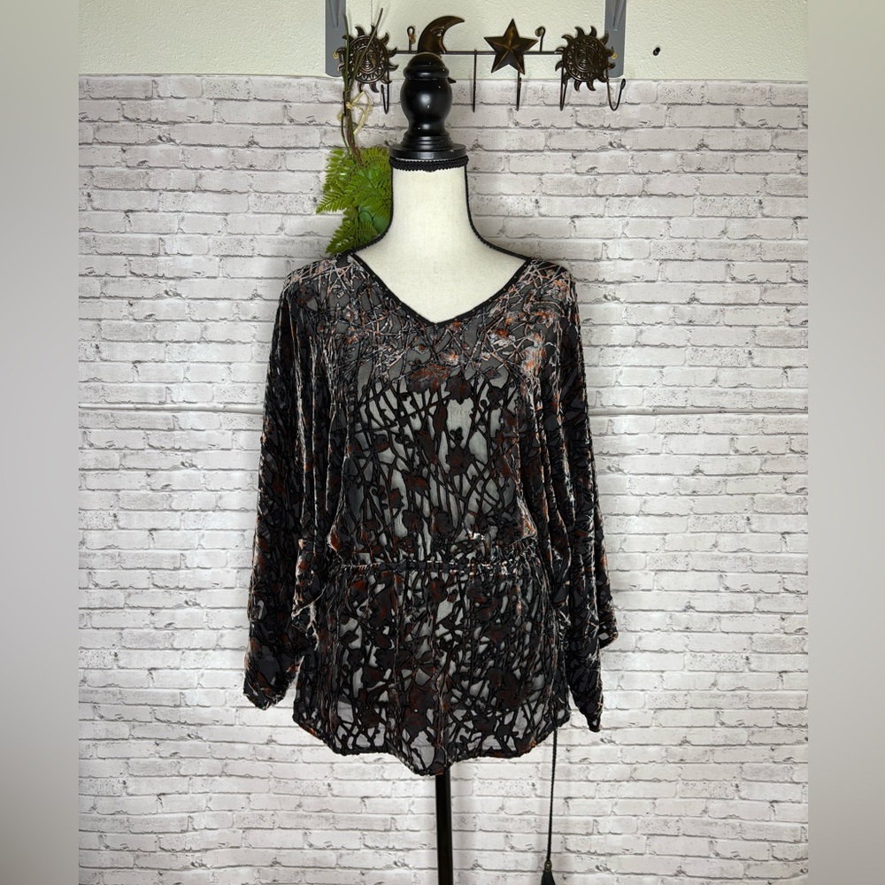 Vintage Harper Velvet Branch Burnout Sheer Flowy Sleeve Blouse